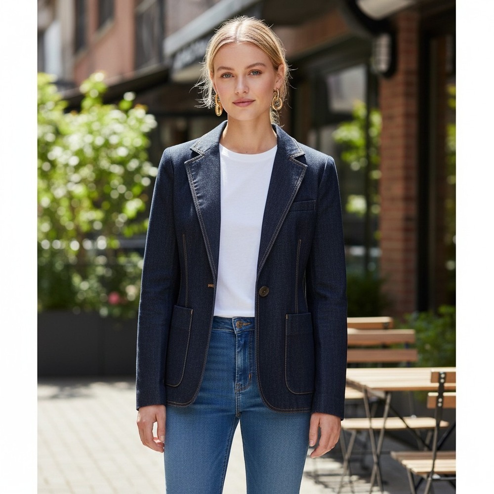 Tory Burch Single Button Denim Blazer Dark Wash Blue Jacket Size‎ 6